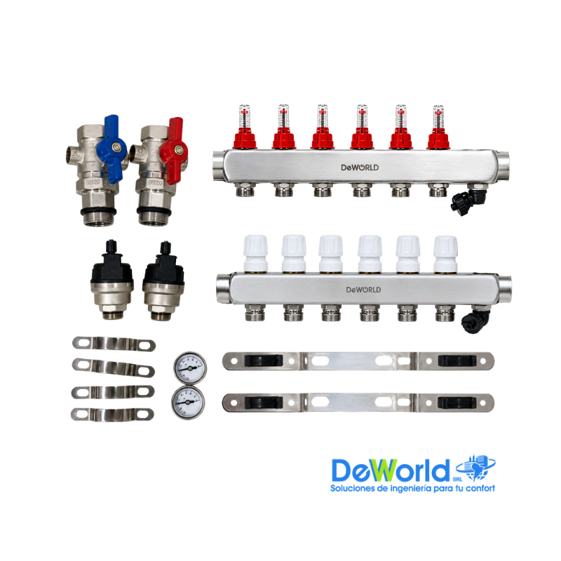 Kit Colector completo 6 salidas x 20mm, para suelo radiante, DEWORLD, Ind. Asia 
