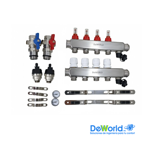 [H2034-4] Kit Colector completo 4 salidas x 20mm, para suelo radiante, DEWORLD, Ind. Asia
